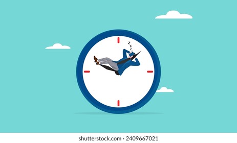 businessman wasting time, worker problem procrastination time management business people character waste work time flat vector illustration, businessman sleeps on clockwork