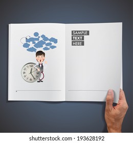 Businessman with watch printed on book. Vector design