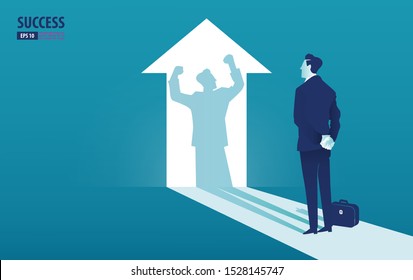 Businessman watches his shadow and contemplating about being success and positive. Business vector concept illustration