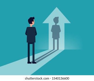 Businessman watches his shadow with development and growing. The Achievement concept, Cartoon vector illustration character