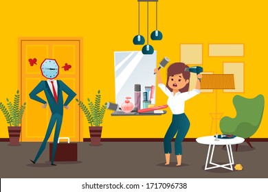 Businessman watchhead vector illustration employee late, woman get ready for work flat banner. Character angry with late girl business clothes, in hand hair dryer, comb, tidies hair.