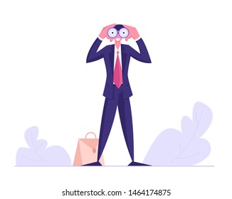 Businessman Watching to Binoculars, Business Vision, Recruitment Employee, Male Business Character Visionary Forecast, Prediction, Success Planning for Future Strategy Cartoon Flat Vector Illustration