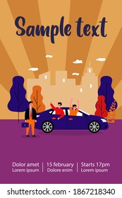 Businessman watching cheerful guys riding car. Vehicle, business and fun activity flat vector illustration. Work and leisure, city transport concept for banner, website design or landing web page