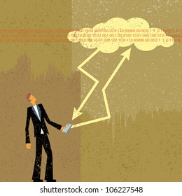Businessman watching a data cloud meanwhile his palm computer transfer data