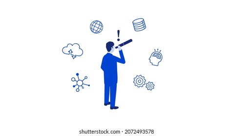 Businessman watching future,business image,with techonology icons,white isolated,vector illustraiton