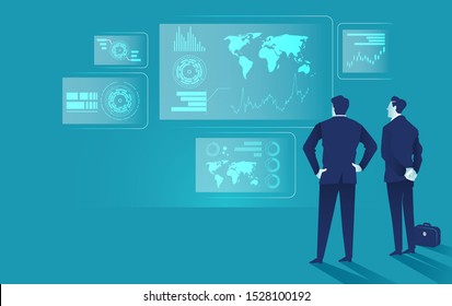 Businessman watching futuristic hologram interface. Business vector concept illustration