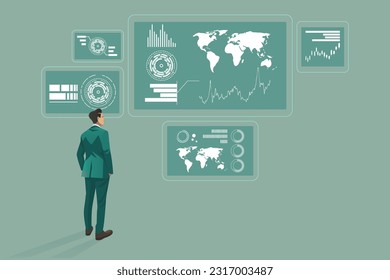 Businessman watching futuristic hologram interface. Business vector concept illustration