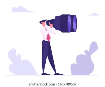 Businessman Watching to Huge Binoculars. Business Vision, Recruitment Employee. Male Business Character Visionary Forecast Prediction, Success Future Planning Strategy Cartoon Flat Vector Illustration