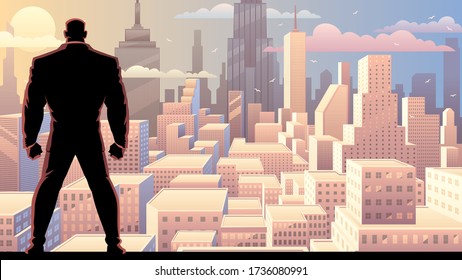 Businessman watching over city at sunrise or sunset.