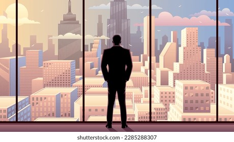 Empresario observando la ciudad desde la ventana de su oficina.