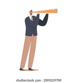 Businessman Watching to Spyglass. Business Vision, Recruitment Employee, Business Character Visionary Forecast Prediction, Searching New Opportunities and Solutions. Cartoon Vector Illustration