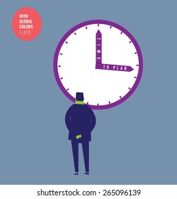 Businessman watching a wall clock that says time to plant. Vector illustration Eps10 file. Global colors&layers.