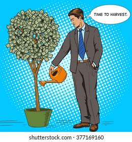 Businessman water money tree pop art style vector illustration. Human illustration. Comic book style imitation. Vintage retro style. Conceptual illustration