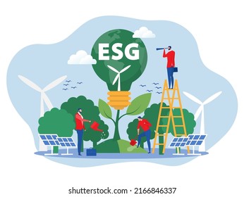 businessman water the plants  on Earth in shape of lightbulb lamp with ecology problem ESG  renewable, green, safe and long term source concept vector