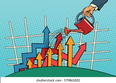 Businessman Watered Arrow Growth Chart From A Watering Can. Vintage Pop Art Retro Vector. Startup And Business Incubator