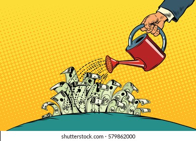 Businessman Watered Money Dollars From A Watering Can. Vintage Pop Art Retro Vector. Startup And Business Incubator