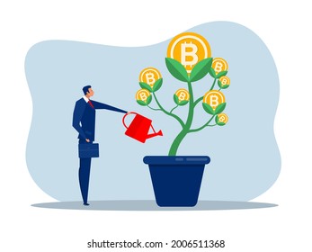 Businessman is watering bitcoin tree to grow business. Increasing and growth business flat concept illustration.