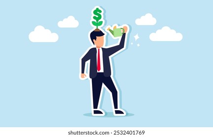 A businessman watering a blooming dollar sign plant above his head, illustration of maintenance related to monitoring the progress of company assets