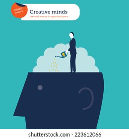 Businessman watering a brain. Vector illustration Eps10 file. Global colors. Text and Texture in separate layers.