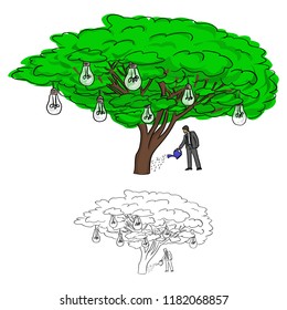 businessman watering bulb tree vector illustration sketch doodle hand drawn with black lines isolated on white background