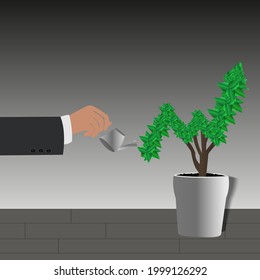 Businessman watering business tree. Planning and growing strategy business concept. Vector flat illustration. Man on city background.