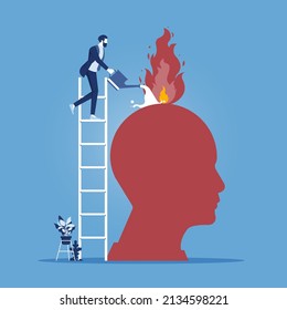 Businessman with watering can putting out fire in burning brain, psychological therapy help concept. burnout, stress, emotional problem, mental illness