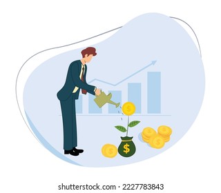 businessman watering dollar bill plant. investment finance concept. success business growth arrow. dollar plant coin. money bag and graphic.