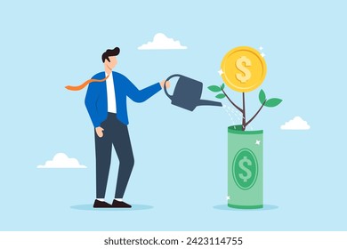 Businessman watering dollar money with coin flower