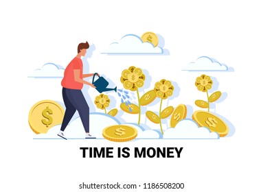 businessman watering dollar plant growth wealth time is money concept male cartoon character full length horizontal flat vector illustration