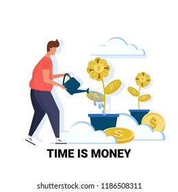 businessman watering dollar plant growth wealth time is money concept male cartoon character full length flat vector illustration