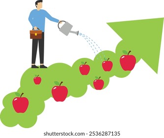 Businessman watering down arrow apple tree. Long-term investment strategy, income growth, business income increase, return on investment. Financial growth Investment strategy plan.

