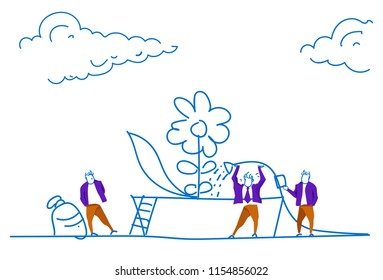 Businessman Watering Flower Plant Business Growth Concept Future Success Strategy Team Working Process Sketch Doodle Horizontal Vector Illustration