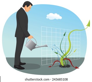 Businessman watering green and red plant arrow