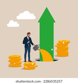 Businessman watering a growing arrow. Banking economy. Currency financial with growth investment  cash. Modern vector illustration in flat style.