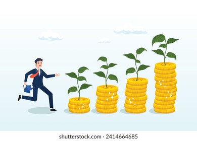 Businessman watering growing coin stack seedling growth, saving growth, growing investment or earning profit, mutual fund, wealth accumulation or compound interest, pension fund prosperity (Vector)