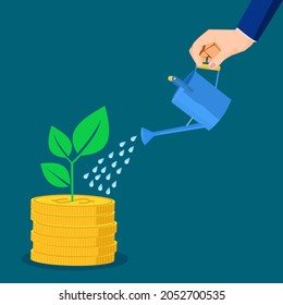 Businessman watering a growing money tree. profit growth concept
