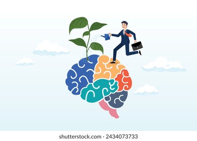 Businessman watering growth seedling on his brain, growth mindset positive attitude to learn new thing, improvement to success, brain motivation or challenge to achieve goal, learning (Vector)