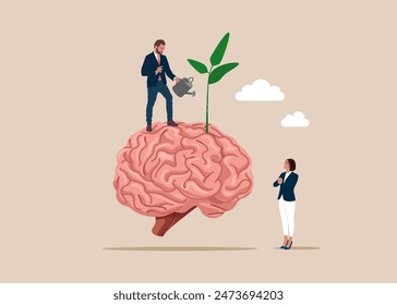 Businessman watering growth seedling on brain. Brainstorming. Financial and investment growth. Growth in career advancement. Flat vector illustration. 