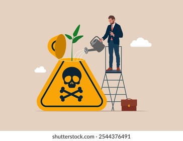 Businessman watering growth seedling on danger sign. Solving problem. Modern vector illustration in flat style