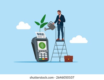 Businessman watering growth seedling on POS point of sale terminal for credit card payment. Flat vector illustration.