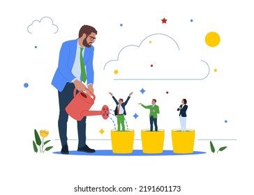 Businessman watering growth talented staff in grow seedling pot. Talent development, career growth, training staff develop skill, employee improvement, HR human resources.