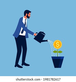 Businessman watering his money plant in flat design. Future wealth and success goal. Investment planning.