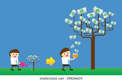 Businessman watering idea money tree. exuberant. vector illustration