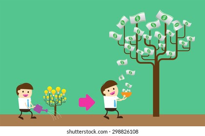 Businessman watering idea money tree. exuberant. vector illustration. Bulb Idea tree