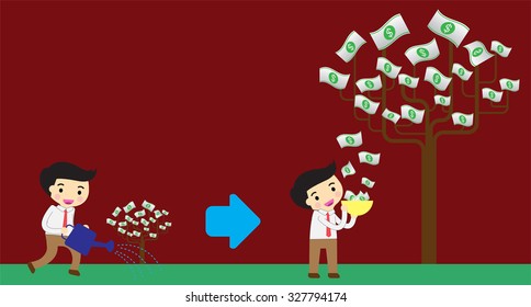 Businessman watering idea money tree. exuberant. vector illustration