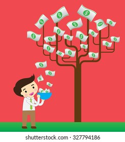 Businessman watering idea money tree. exuberant. vector illustration