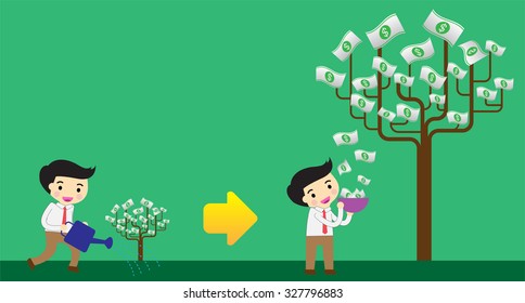 Businessman watering idea money tree. exuberant. vector illustration