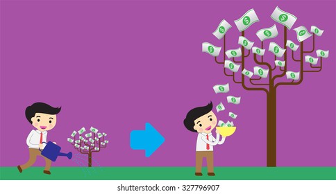 Businessman watering idea money tree. exuberant. vector illustration