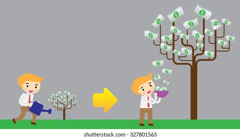 Businessman watering idea money tree. exuberant. vector illustration