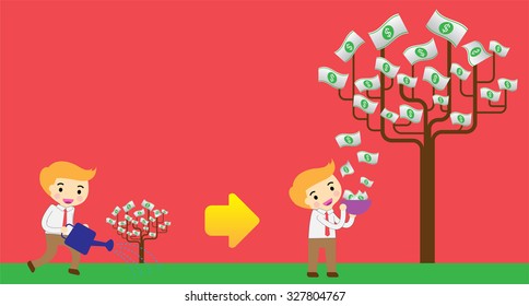 Businessman watering idea money tree. exuberant. vector illustration